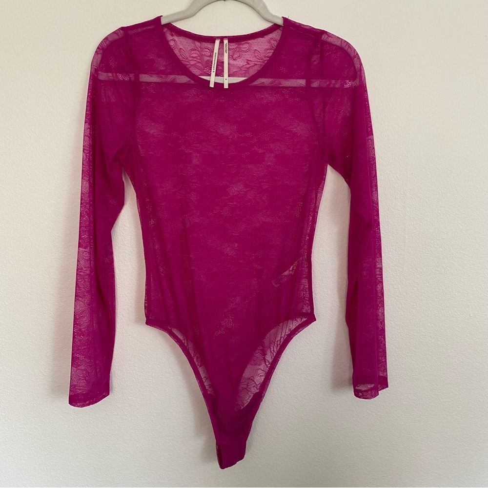 Anthropologie Pink/Fuchsia Long Sleeve Lace Bodysuit